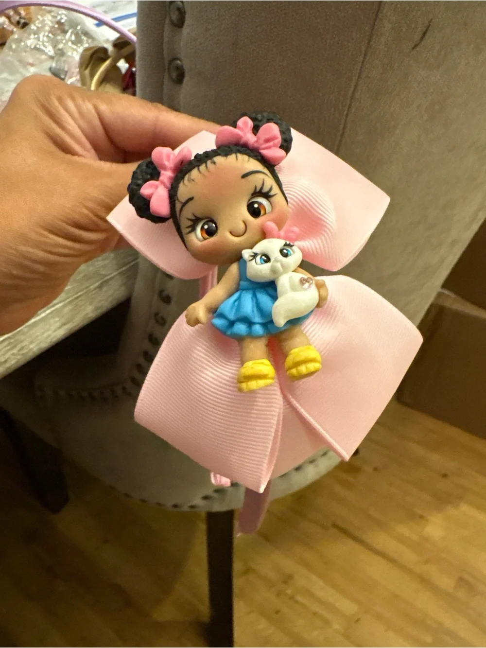 Custom clay Kids Pink Bow Headband with Doll and Cat Accent